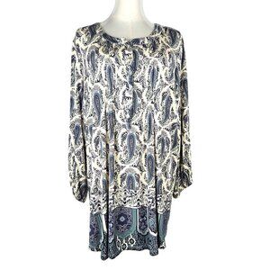 Rose + Olive Womens 1X Paisley Border Boho Print Tunic Top Blue & White